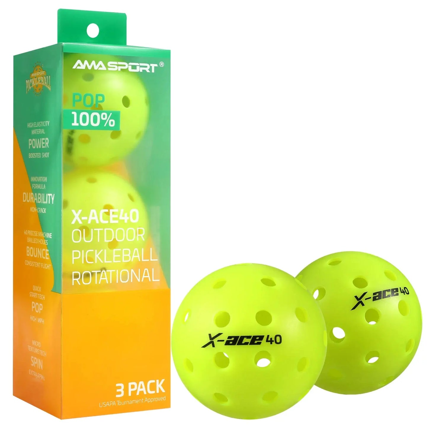 AMA Sport X-ACE - Balles Pickleball - 3 couleurs