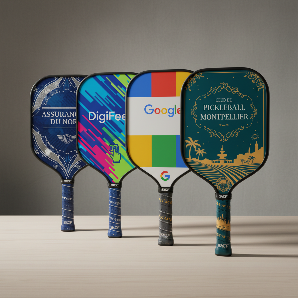 Raquettes de pickleball personnalisées - Assurance du Nord, DigiFeel, Google, Montpellier